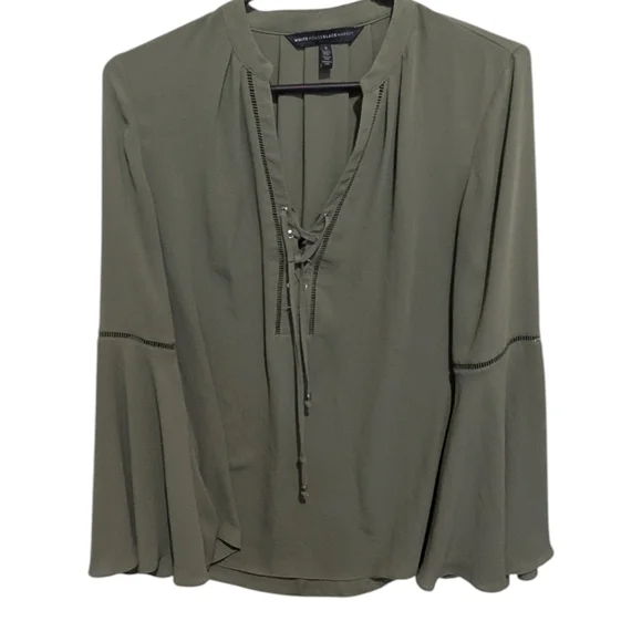 White House Black Market Olive Green Lace-Up Henley Blouse Size 2 Flowy Long Sle - Picture 1 of 13